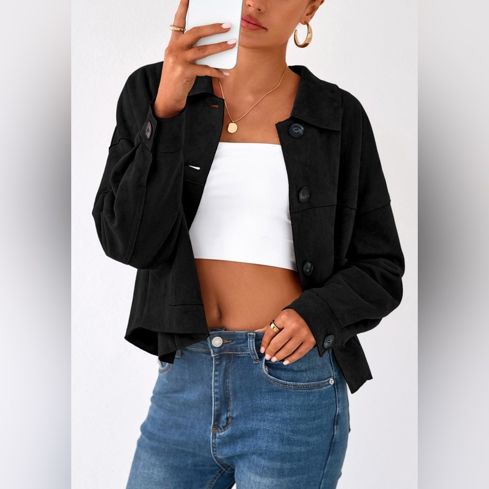 prettygarden — faux suede cropped lightweight jacket